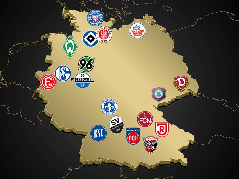Bản đồ nước Đức với logo các CLB, minh họa giải Hạng 2 Đức 2. Bundesliga